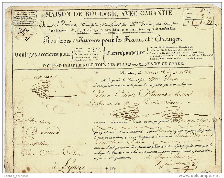 LETTRE DE VOITURE ROULAGE TRANSPORTS  Grd Format MAZIER VERVIER NANTES  1822 Pour DUROZAD LYON B.E.V.SCANS+ HISTORIQUE - 1800 – 1899