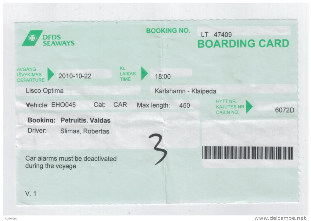 Boarding Card  Karlshamn-Klaipeda - Autres & Non Classés