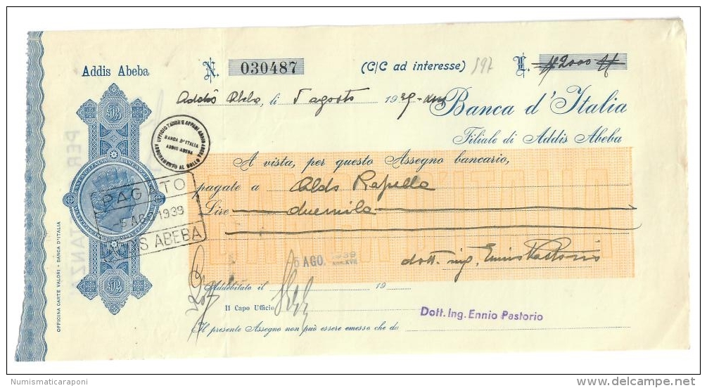 BANCA D'ITALIA ADDIS ABEBA ASSEGNO BANCA D'ITALIA DA 2000 LIRE DOC.199 - Cheques & Traverler's Cheques