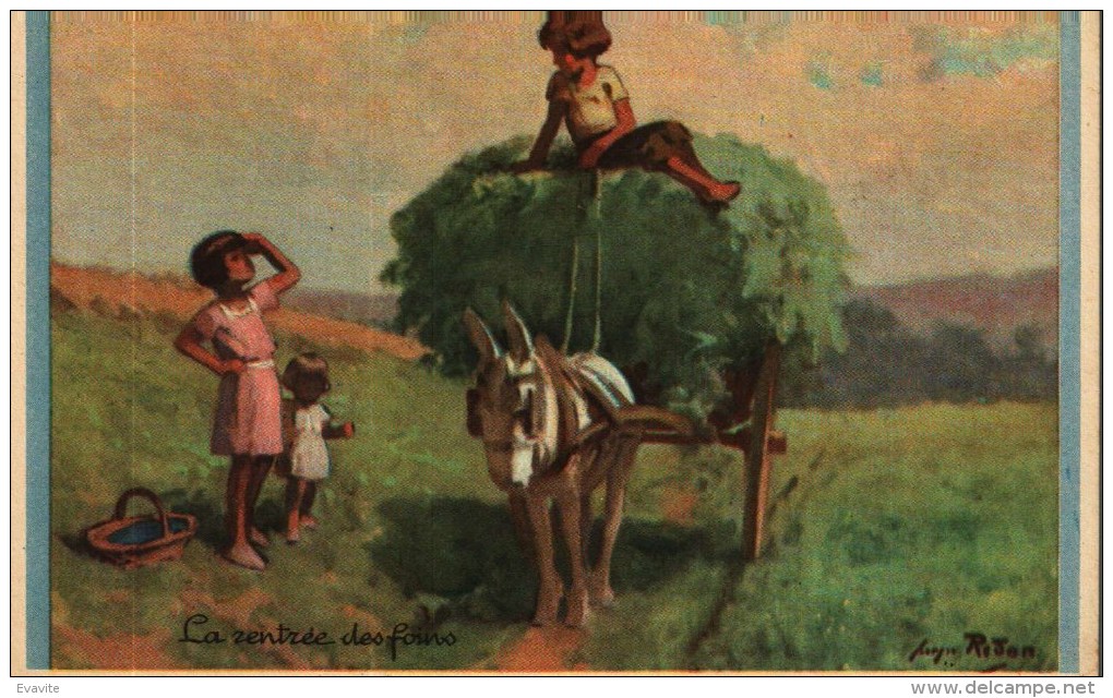 Carte Postale Illustrateur  Redon -  - La Rentrée Des Foins  -  Ane, Charrette, Enfants, (  Série 1939  N° 7) - Redon