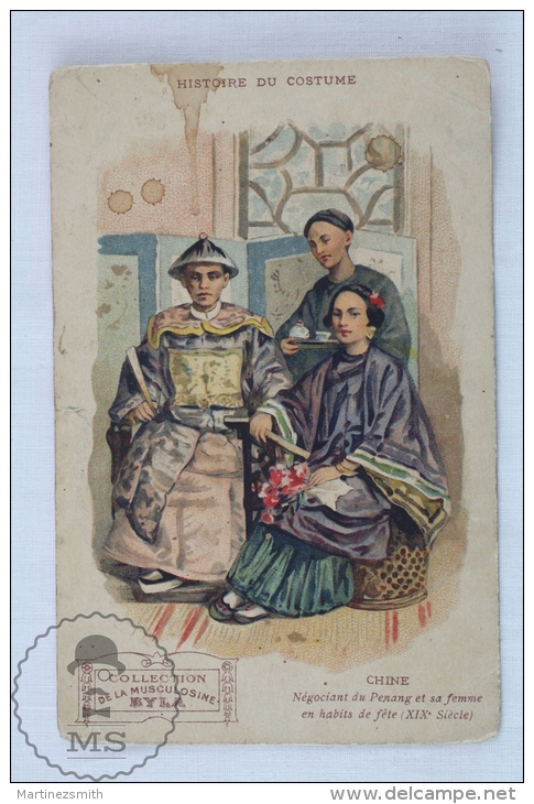 Old Illustrated Postcard - Collection Musculosine Byla - Chine/ China -Negociant Of Penang  And Wife In Festival Clothes - Azië