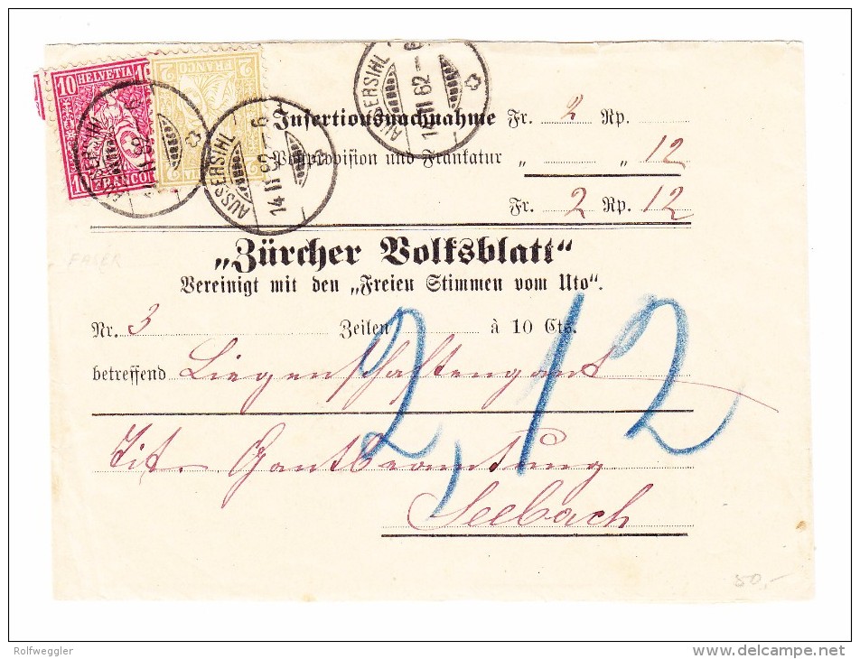 Heimat ZH AUSSERSIHL 14.2.1882 2-Kreis-O Streifband "Zürcher Volksblatt" Mit 2 Und 10Rp Sitzende - Briefe U. Dokumente