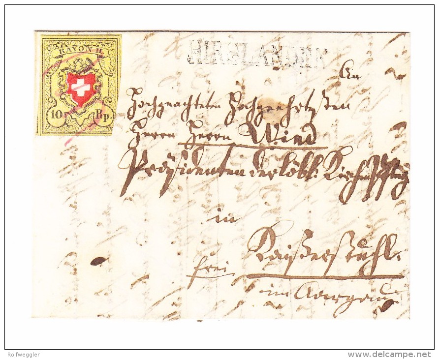 Heimat ZH HIRSLANDEN Balkenstempel Faltbrief 1854 Mit Rayon II Gelb Ferderentwertung 3 Seitig Vollrandig - 1843-1852 Federal & Cantonal Stamps