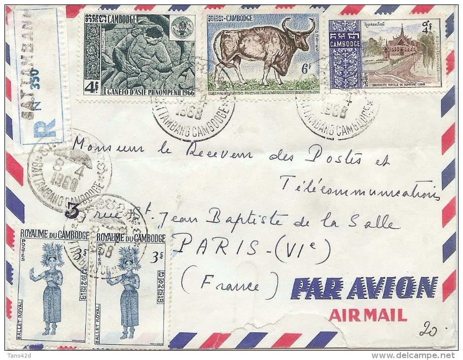 LBL36 - CAMBODGE LETTRE AVION RECOMMANDÉE BATTAMBANG / PARIS  AVRIL 1968 - Cambodja