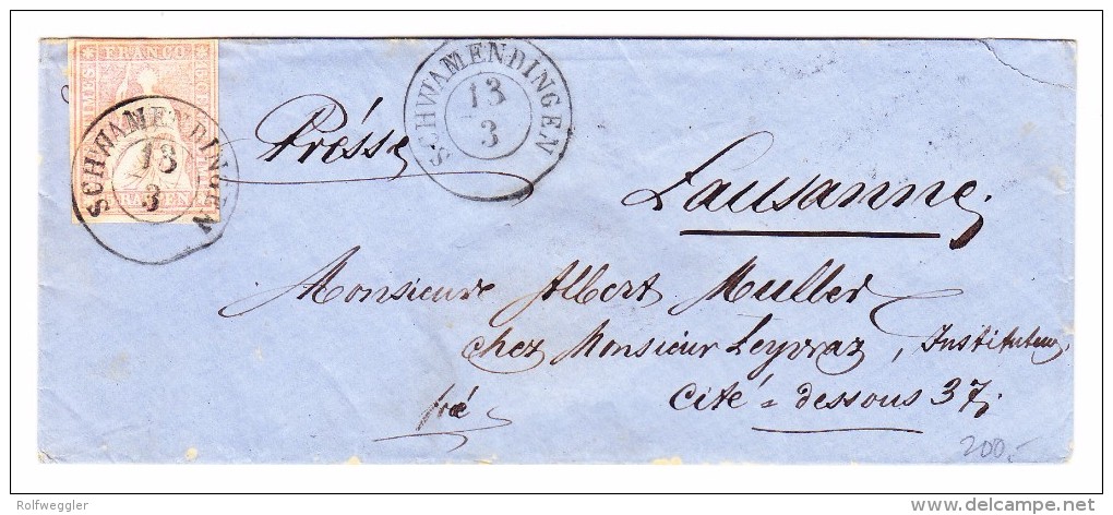 Heimat ZH SCHWAMENDINGEN 13/3 (1858) 2Kreis Stempel  Brief Nach Lausanne Mit 15Rp Strubel - Storia Postale