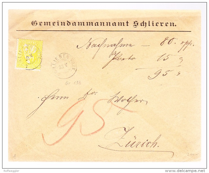 Heimat ZH SCHLIEREN 23.5. Zwergstempel 15Rp Sitzende Helvetia Brief Nach Zürich - Lettres & Documents