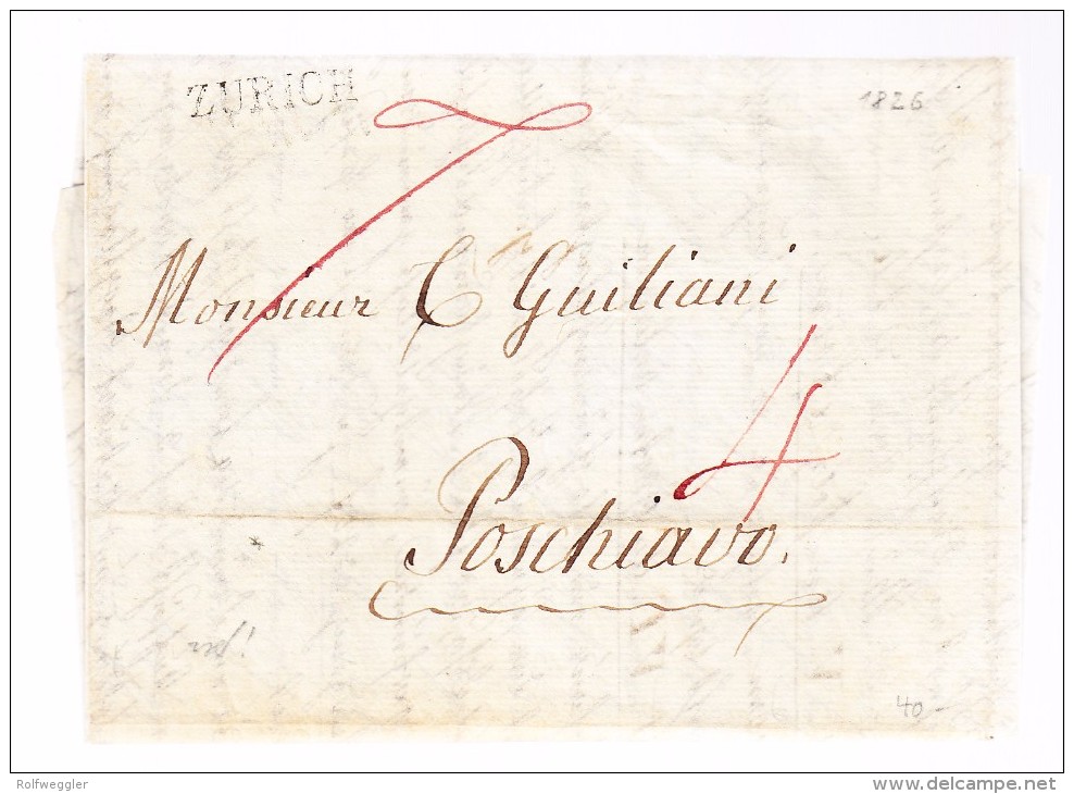 Heimat ZH ZURICH Balkenstempel Auf Vorphila Brief 19.1.1826 Nach Poschiavo - ...-1845 Préphilatélie