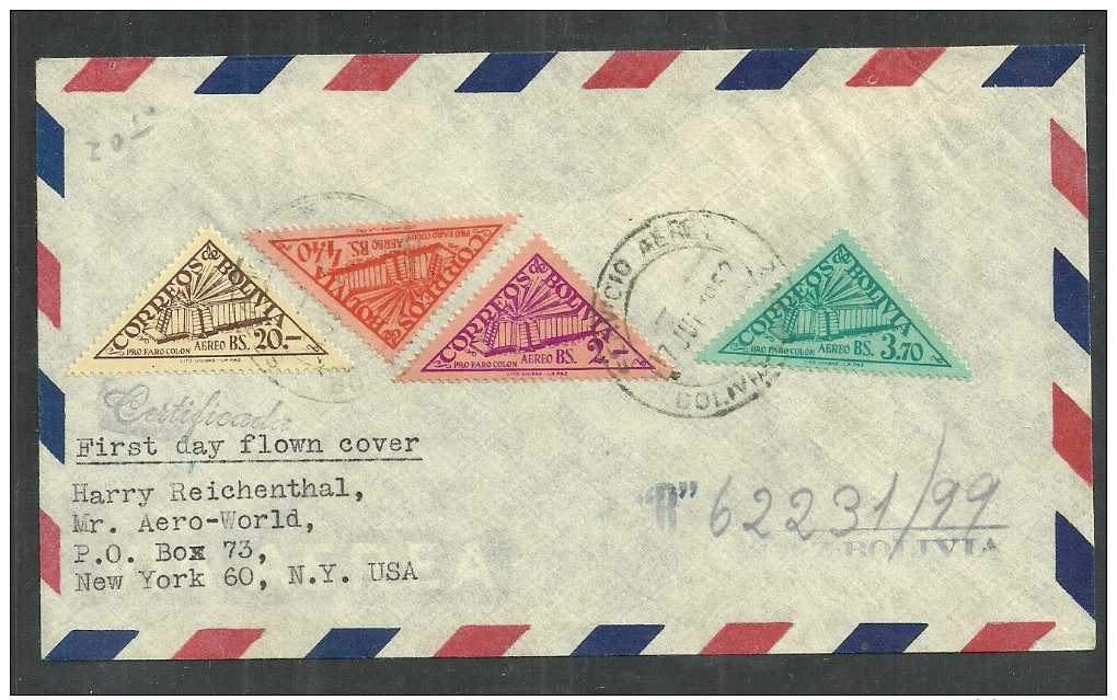 BOLIVIA REGISTERED COVER TO USA WITH THE AIR MAIL FARO DE COLON SET. LIGHTHOUSE, - Bolivie