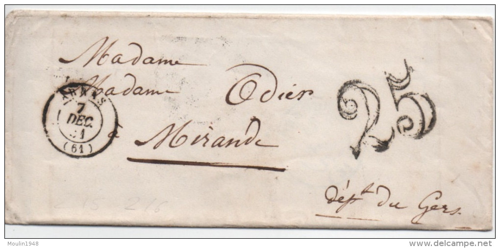 Lettre De 31 Arras (Nord) Pour Mirande Gers Taxe Au Tampon 25 Decimes Du 7 Decembre 1841 - 1849-1876: Classic Period