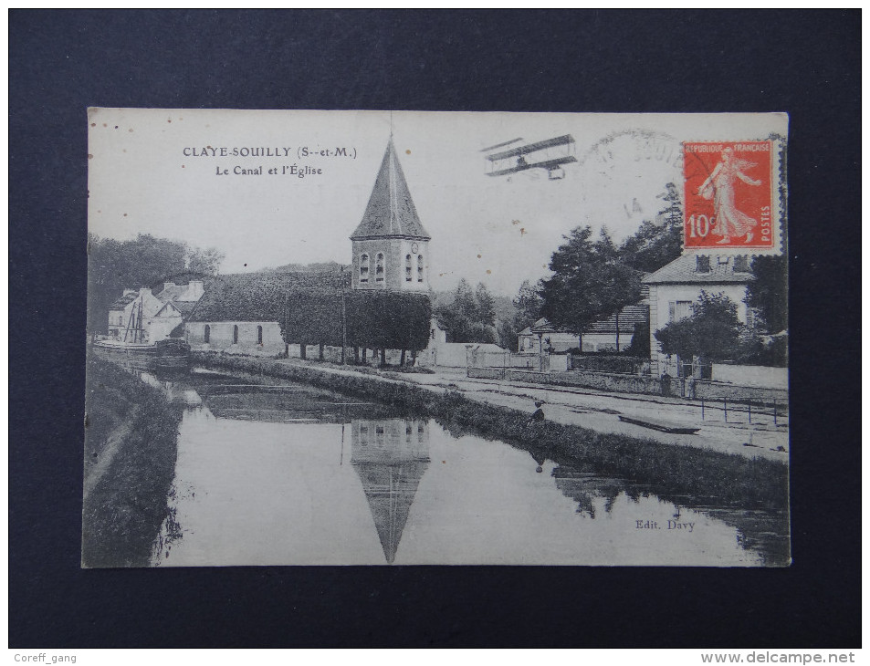 CLAYE-SOUILLY - Le Canal Et L´église - Biplan Aviation Avion Péniche - Ed Davy - Claye Souilly