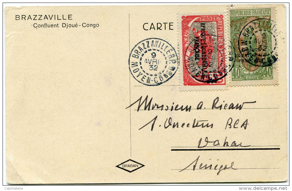 CONGO CARTE POSTALE DEPART BRAZZAVILLE R.P. 9 AVRIL 32 MOYEN-CONGO POUR LE SENEGAL - Lettres & Documents