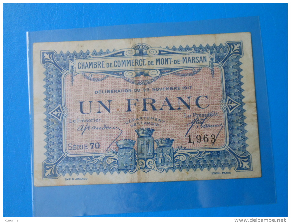 Landes 40 Mont-de-Marsan Chambre De Commerce  , 1ère Guerre Mondiale 1 Franc 23-11-1917 - Chambre De Commerce
