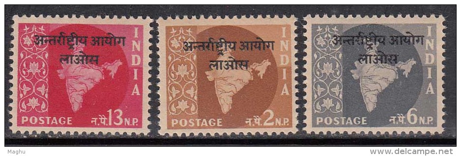 Star Watermark Series, Laos Opt. On 3v Map, India MNH 1957 - Military Service Stamp