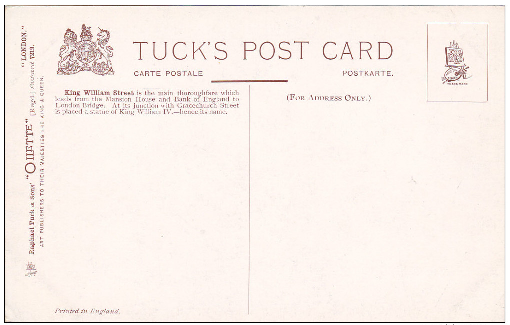 TUCK #7219; LONDON, England, United Kingdom; King William Street, 00-10s - Other & Unclassified