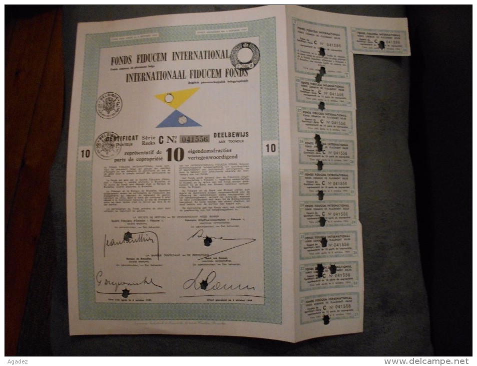 Certificat Serie C De 10 Parts De Copropriété "Fonds Fiducem International"Bruxelles Excellent état Reste Des Coupons - Banque & Assurance