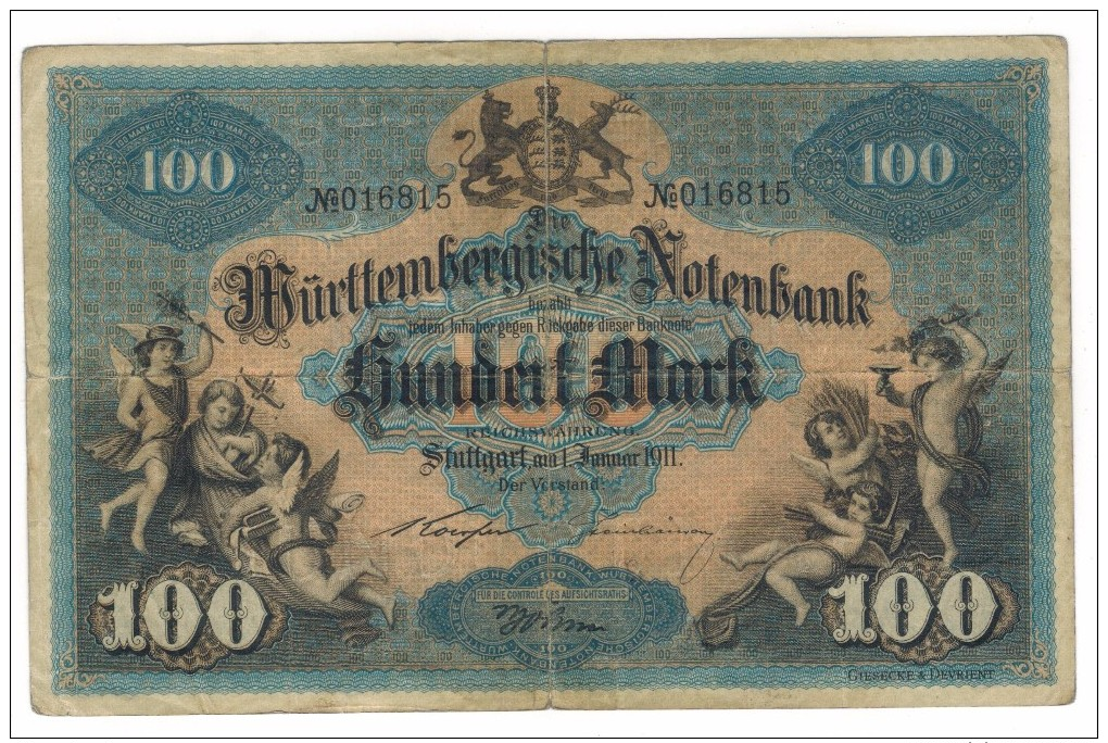 Germany 100 Mk, 1911 , Sttugart , USED But RARE,  Free Ship. To USA. - 100 Mark