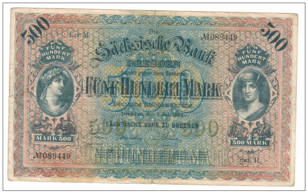Germany 500 Mk, 1922, Dresden , USED But RARE,  Free Ship. To USA. - 100 Mark