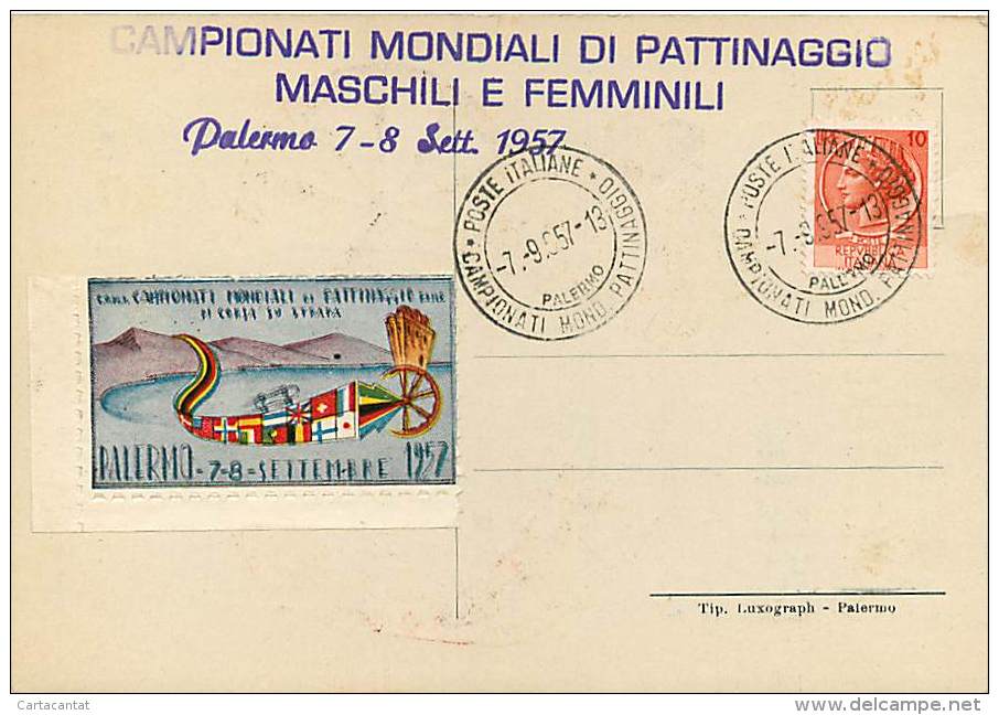 CAMPIONATI MONDIALI DI PATTINAGGIO ARTISTICO SU STRADA - PALERMO 1957. BELLA ILLUSTRAZIONE CON FRANCOBOLLI E ANNULLI '57 - Patinage Artistique