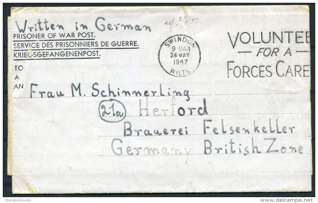 1947 GB Swindon P.O.W. Censor Letter Kriegsgefangenenpost Lodgefarm Camp, Lambourne, Berkshire - Herford,Germany - Covers & Documents