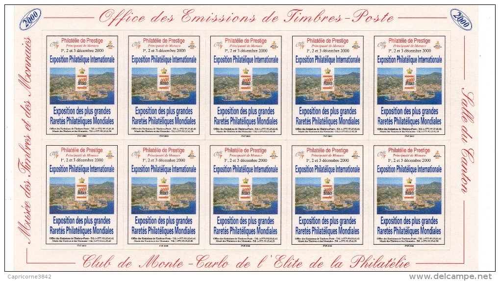 2000 - Feuilles De 10 Vignettes Auto Collantes - Expo Philatélique Internationale à Monaco - 1 Au 3 Décembre 2000 - Briefmarkenmessen