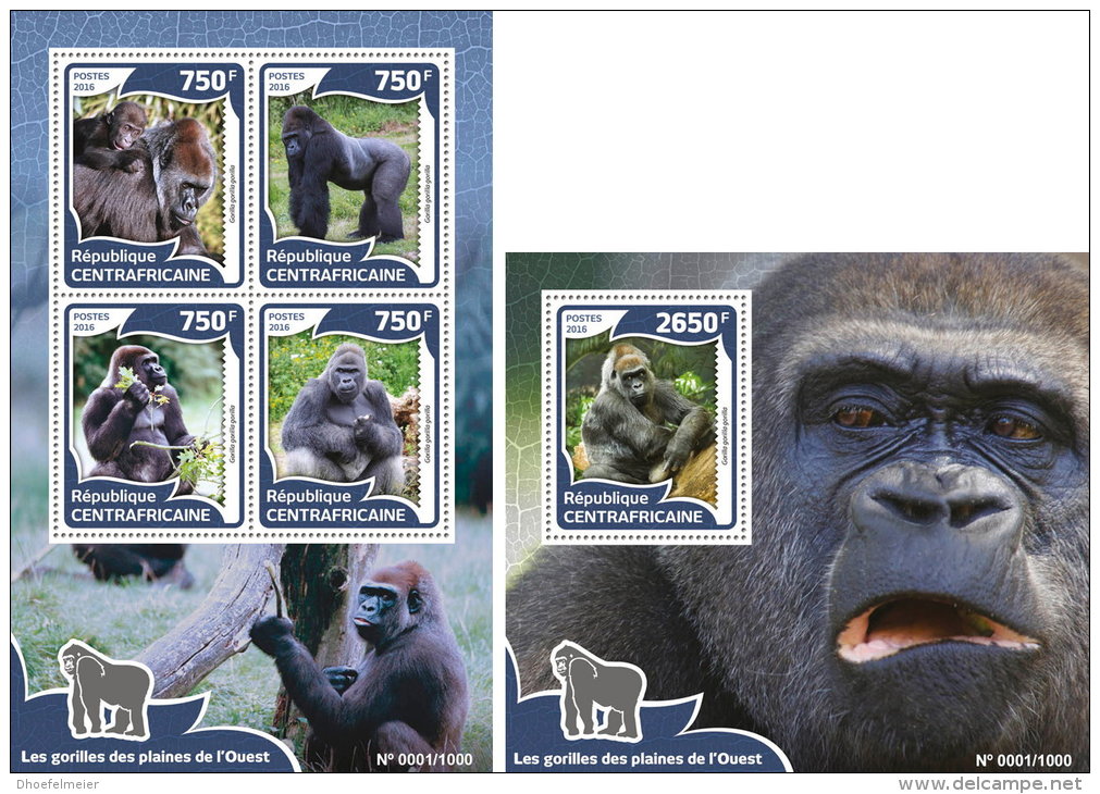 CENTRAL AFRICA 2016 ** Gorillas M/S+S/S - OFFICIAL ISSUE - A1609 - Gorilla's