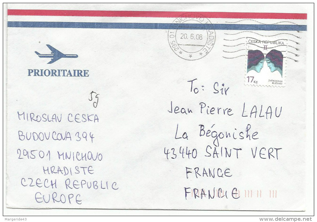 REPUBLIQUE TCHEQUE LETTRE DE MNICHOVO HRADISTE POUR LA FRANCE 2008 - Lettres & Documents
