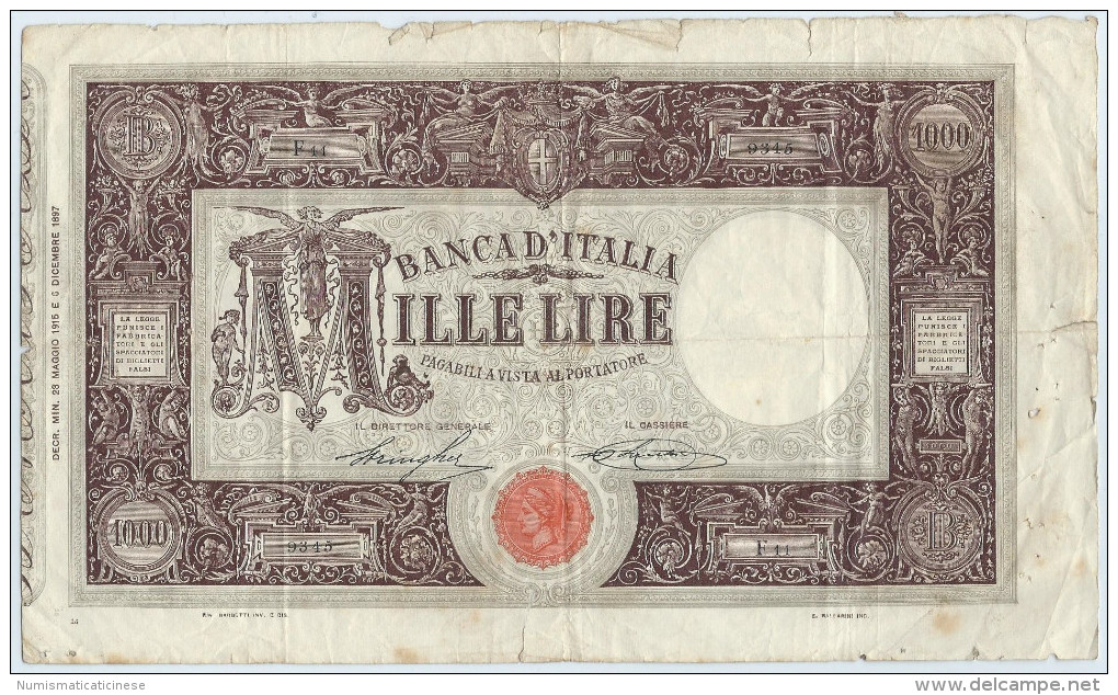 1000 LIRE MATRICE  23.05.1915   RARA 5 REGNO D'ITALIA STRINGHER -SACCHI - NON RESTAURATA - 1000 Liras