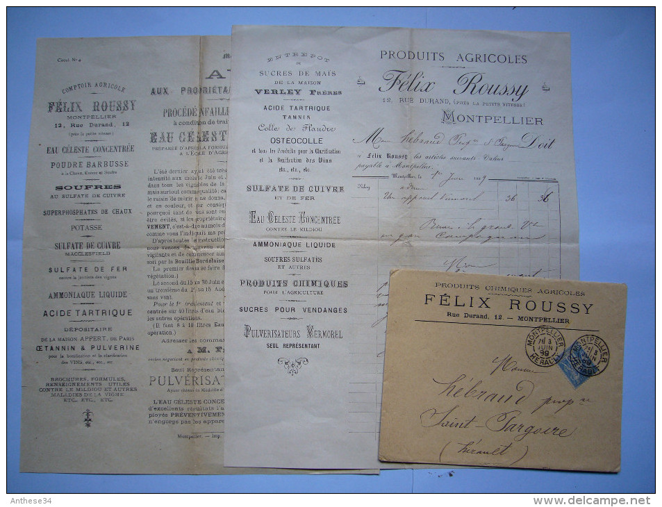 Factures Et Enveloppe Produits Agricoles Félix Roussy 1889 Montpellier - 1800 – 1899