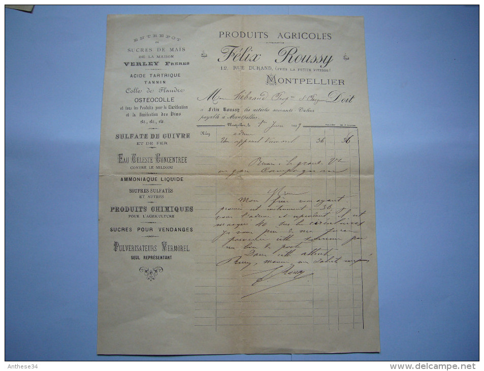 Factures Et Enveloppe Produits Agricoles Félix Roussy 1889 Montpellier - 1800 – 1899