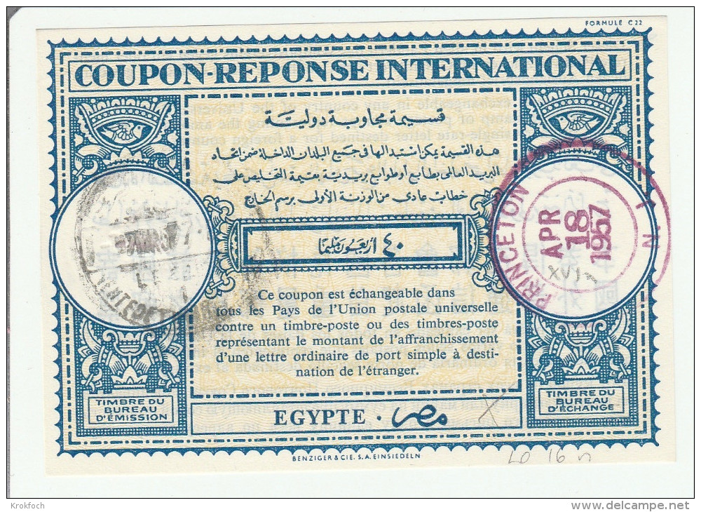 Coupon Réponse Egypte - 1957 - Modèle Londres 16n - Reply IRC CRI IAS - Princeton USA - Covers & Documents