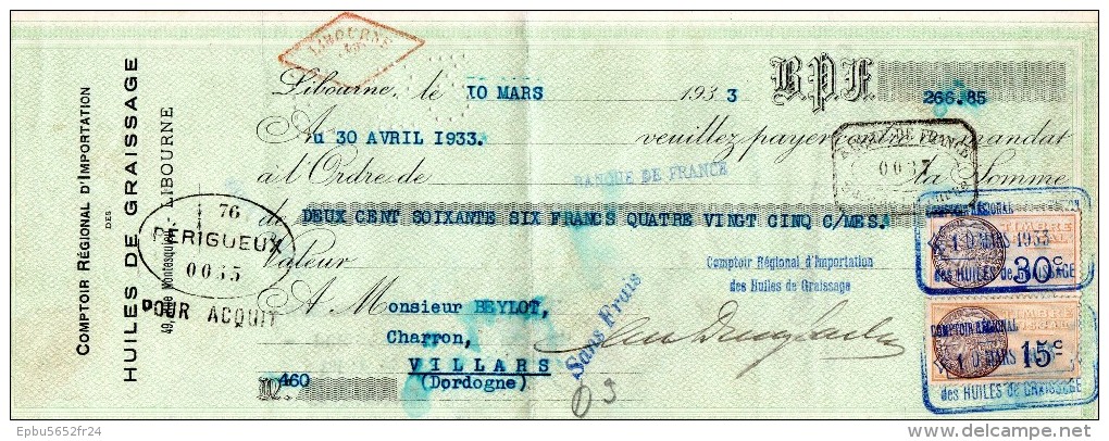 COMPTOIR REGIONAL D´IMPORTATION DES HUILES DE GRAISSAGE  Mandat De Paiement Du  10/03/1933 - Libourne - Cheques & Traverler's Cheques