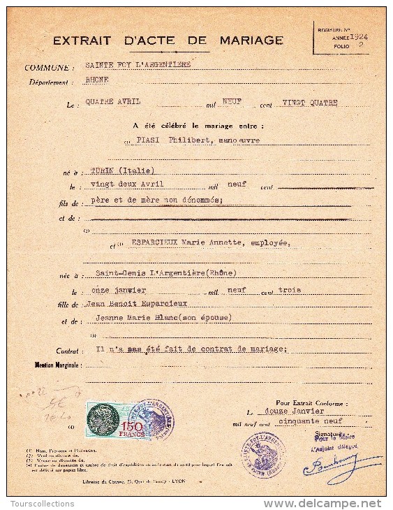 Extrait Acte De Mariage 1924 PIASI Philibert Et ESPARCIEUX Marie à Sainte Foy L'Argentière 69 @ Taxes Communales  N° 22 - Documents Historiques