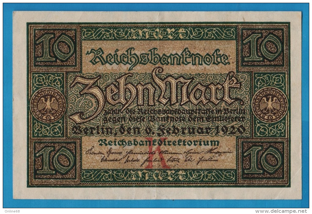 DEUTSCHES REICH 10 MARK 06.02.1920 LETTER K  Alpha W.9278856   P#67a - 10 Mark