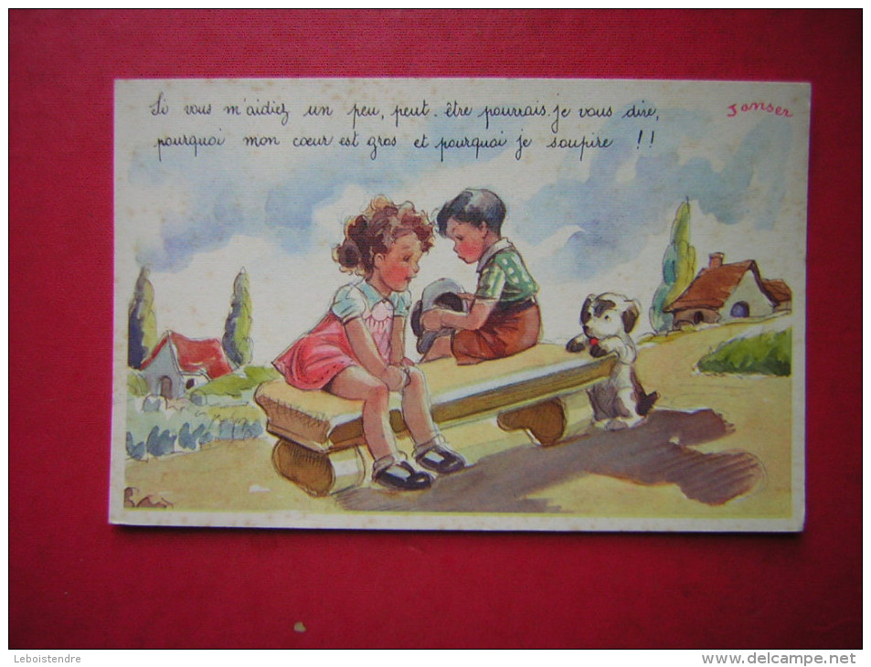 CPSM  ILLUSTRATION SIGNEE JANSER    ENFANTS  FILLE GARCON  ET UN CHIEN  SI VOUS M'AIDIEZ UN PEU     NON VOYAGEE - Janser