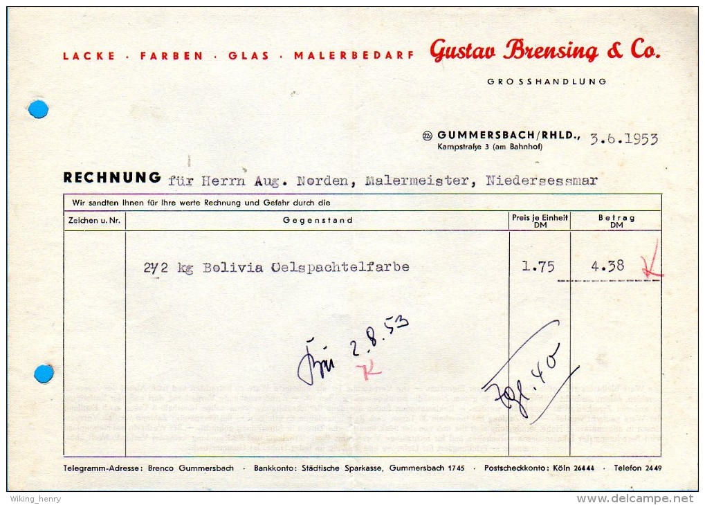 Gummersbach - Rechnung Lacke Farben Gustav Brensing & Co - Gummersbach