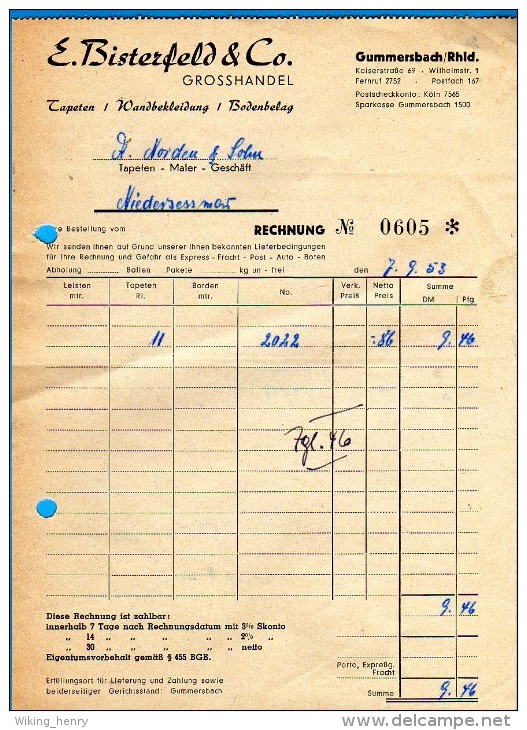 Gummersbach - Rechnung Tapeten E. Bisterfeld & Co 1953 2 - Gummersbach