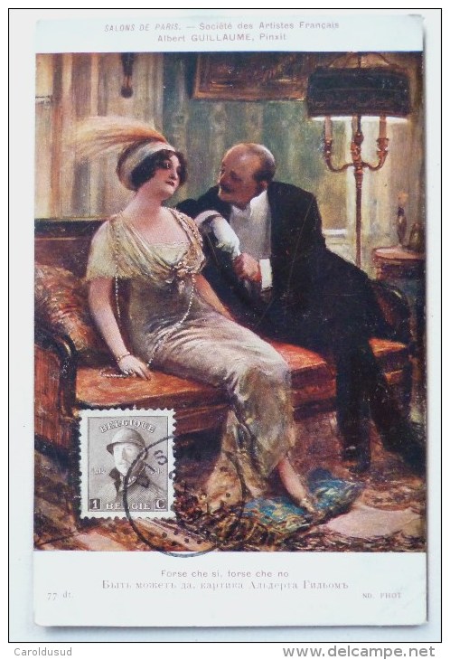 CPA Litho Chromo Illustrateur GUILLAUME Couple Elegant Flirt Voyagé 1927 CACHET Dison Timbre Roi Casqué BELGIQUE1c - Guillaume