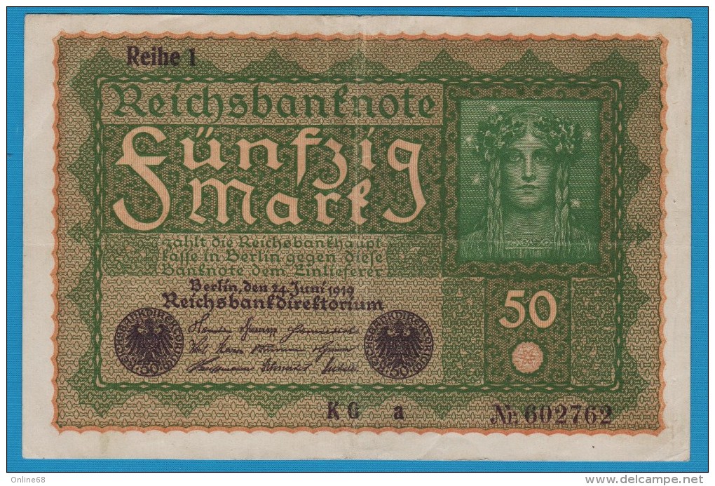 DEUTSCHES REICH 50 MARK 24.06.1919 REIHE 1 Alpha KG A #602762   P# 66 - 50 Mark