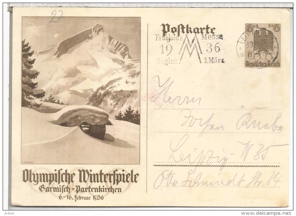 ALEMANIA ENTERO POSTAL JUEGOS OLIMPICOS DE INVIERNO 1936 GARMISCH PARTENKIRCHEN MATY LEIPZIG FERIA - Hiver 1936: Garmisch-Partenkirchen