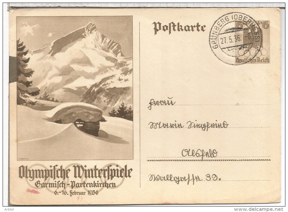 ALEMANIA ENTERO POSTAL JUEGOS OLIMPICOS DE INVIERNO 1936 GARMISCH PARTENKIRCHEN MAT GRÜNBERG - Hiver 1936: Garmisch-Partenkirchen