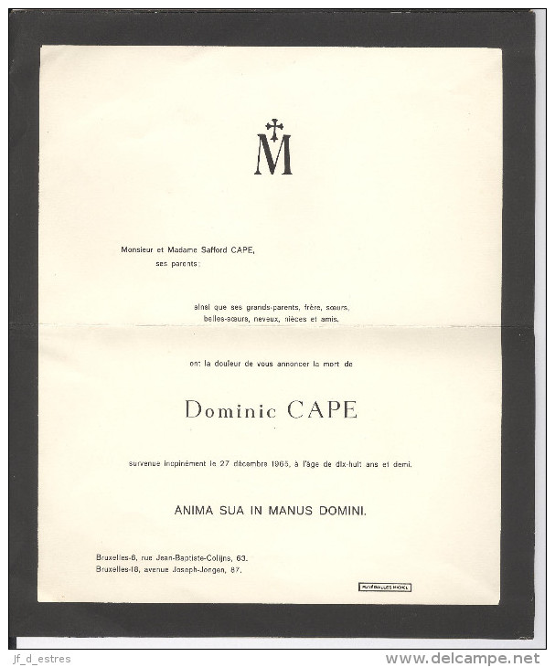 Faire-part Décès Dominic Et Bernard Cape, 1946 Et 1965. Bruxelles - Décès