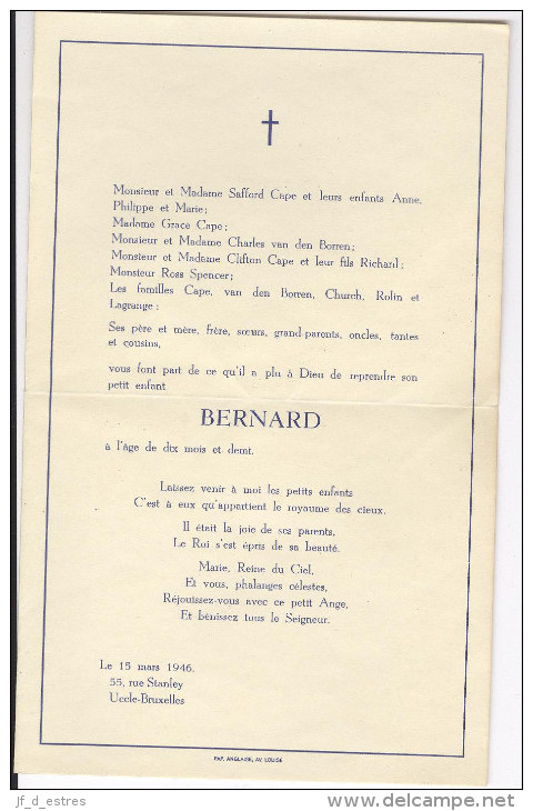 Faire-part Décès Dominic Et Bernard Cape, 1946 Et 1965. Bruxelles - Décès