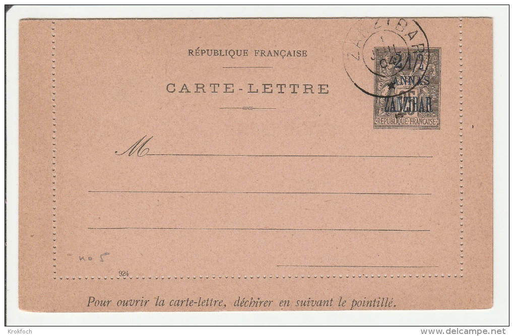 Zanzibar - Entier 1/2 Anna Carte Lettre ACEP N°5 Avec Date 924 - Cote 30 Euros - Ganzsache Stationery - Lettres & Documents