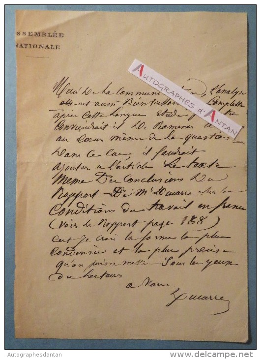 L.A.S Ferdinand DUCARRE Député Rhône - Conditions Du Travail En France - Lettre Autographe LAS Lhuis Ain Lyon - Autres & Non Classés