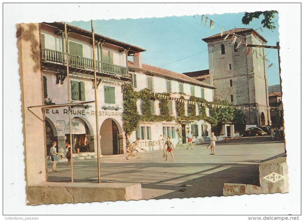 Cp , 64 , ASCAIN , La Place , L'église Et L'hôtel De La Rhune Ou P. Loti écrivit Ramuntcho , Voyagée 1957 , Ed : C.D. - Ascain