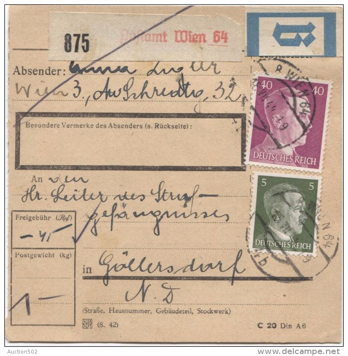 Deutsches Reich Paketkarte Wien 64 15/7/1944 Nach Strafgefängenis Göllersdorf  PR2813 - Briefe U. Dokumente