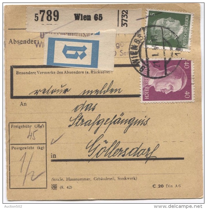 Deutsches Reich Paketkarte Wien 65 21/1/1944 Nach Strafgefängenis Göllersdorf  PR2814 - Briefe U. Dokumente