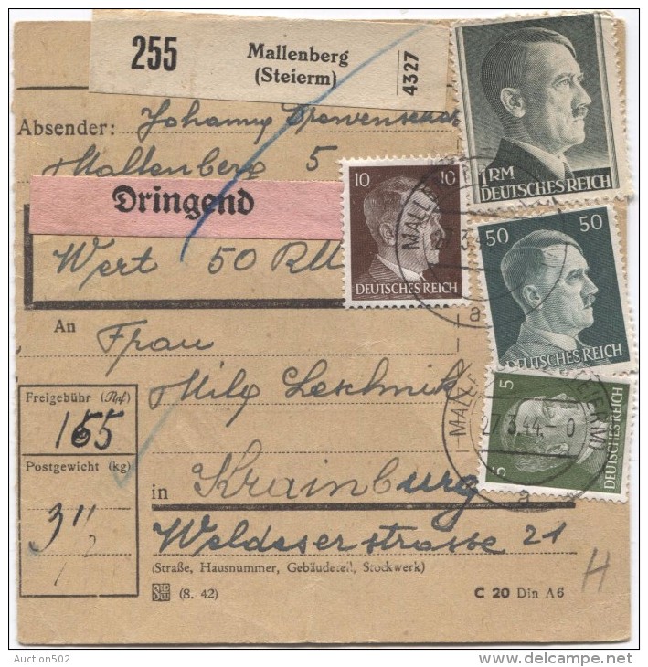 Deutsches Reich Paketkarte Mallenberg(Steierm) 27/3/44 Strafgefängenis Krainburg PR2817 - Briefe U. Dokumente