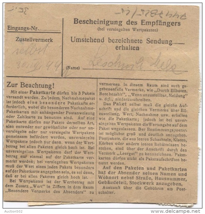 Deutsches Reich Paketkarte Mallenberg(Steierm) 27/3/44 Strafgefängenis Krainburg PR2817 - Briefe U. Dokumente