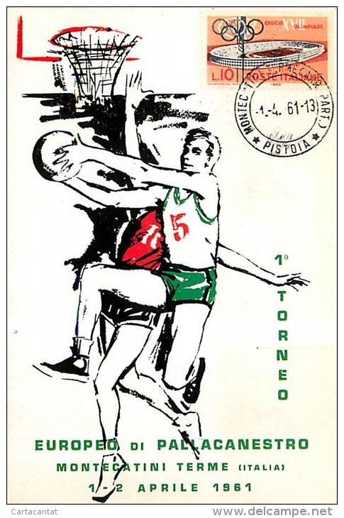 PRIMO TORNEO EUROPEO DI PALLACANESTRO. MONTECATINI TERME 1961 - CON ANNULLO POSTALE - Basket-ball